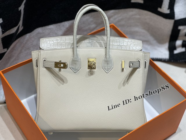 Hermes專櫃Birkin手提女包 愛馬仕togo皮搭配雙面鱷魚皮蓋頭蠟線手縫鉑金包 zhh1002
